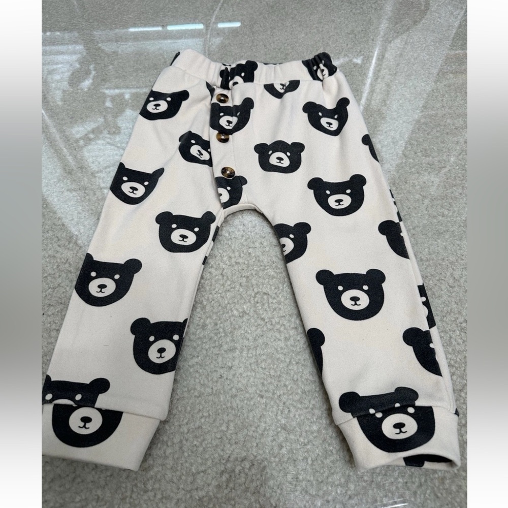 MODERN LUXX CREAM BLACK BEAR PRINT FLEECE INFANT JOGGERS 12-18 MOS